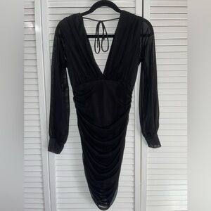 Black Mesh Long Sleeve Ruched Midi Dress